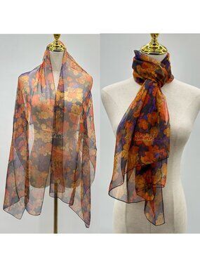Vintage Floral Silk Scarf Made In France Sheer Lightweight Orange & Purple